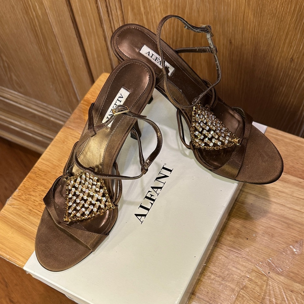 Alfani Women's Bronze Strappy Heels with Gold Details